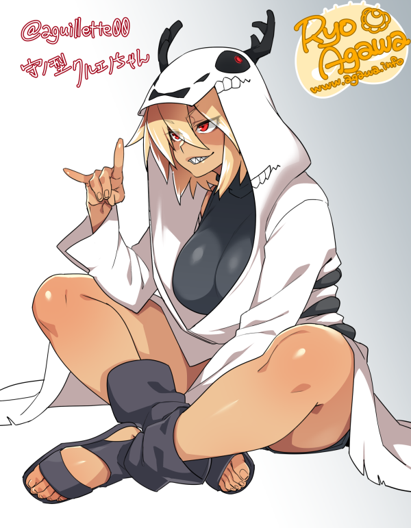 1girl agawa_ryou artist_name blonde_hair blush borrowed_character breasts commentary_request gradient gradient_background grey_background hood huge_breasts indian_style long_hair original signature sitting solo thighs toes twitter_username white_background