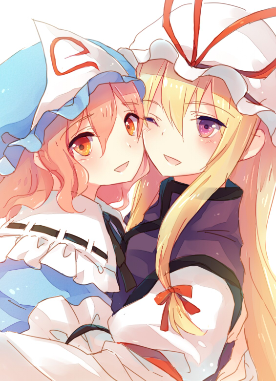 2girls blonde_hair cheek-to-cheek eyebrows_visible_through_hair frills hair_ribbon hat hug lilith_(lilithchan) long_hair medium_hair mob_cap multiple_girls one_eye_closed pink_hair red_eyes red_ribbon ribbon saigyouji_yuyuko tabard touhou violet_eyes yakumo_yukari