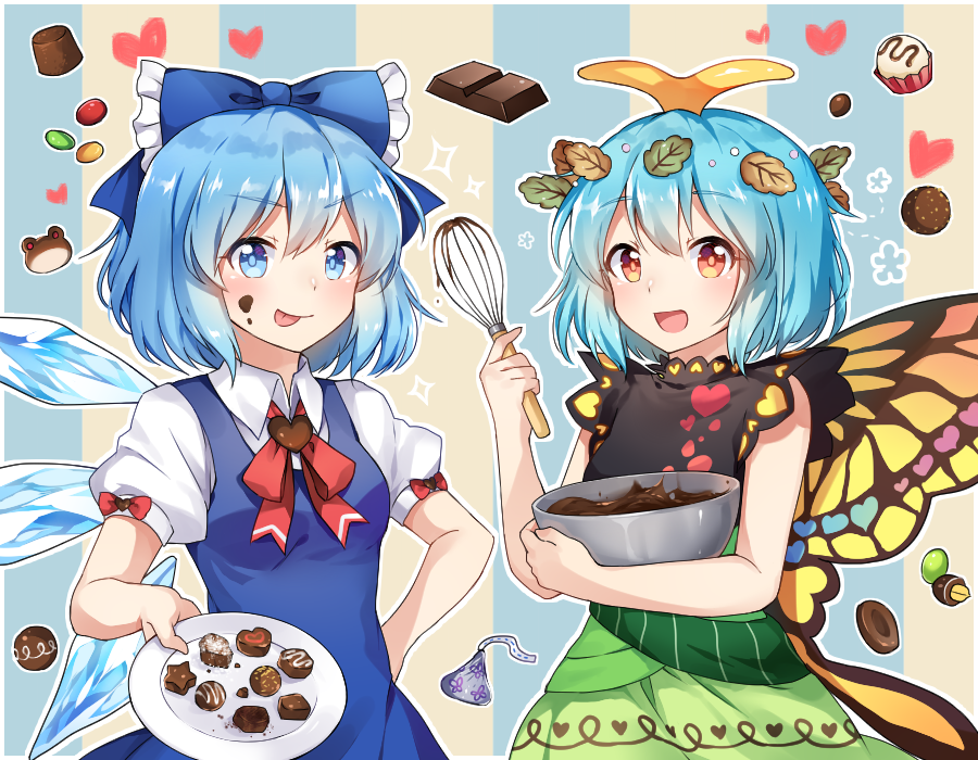 &gt;:p 2girls antennae aqua_hair bare_arms bare_shoulders black_dress blue_background blue_bow blue_dress blue_hair blush bow bowl breasts butterfly_wings caramell0501 chocolate cirno commentary dress eternity_larva eyebrows_visible_through_hair green_dress hair_bow hair_ornament heart holding holding_bowl holding_plate ice ice_wings leaf leaf_hair_ornament looking_at_viewer medium_breasts multicolored multicolored_clothes multicolored_dress multiple_girls neck_bow open_mouth pasties plate puffy_short_sleeves puffy_sleeves red_bow red_neckwear short_sleeves sleeveless sleeveless_dress smile striped striped_background tongue tongue_out touhou upper_body v-shaped_eyebrows valentine whisk wings yellow_background