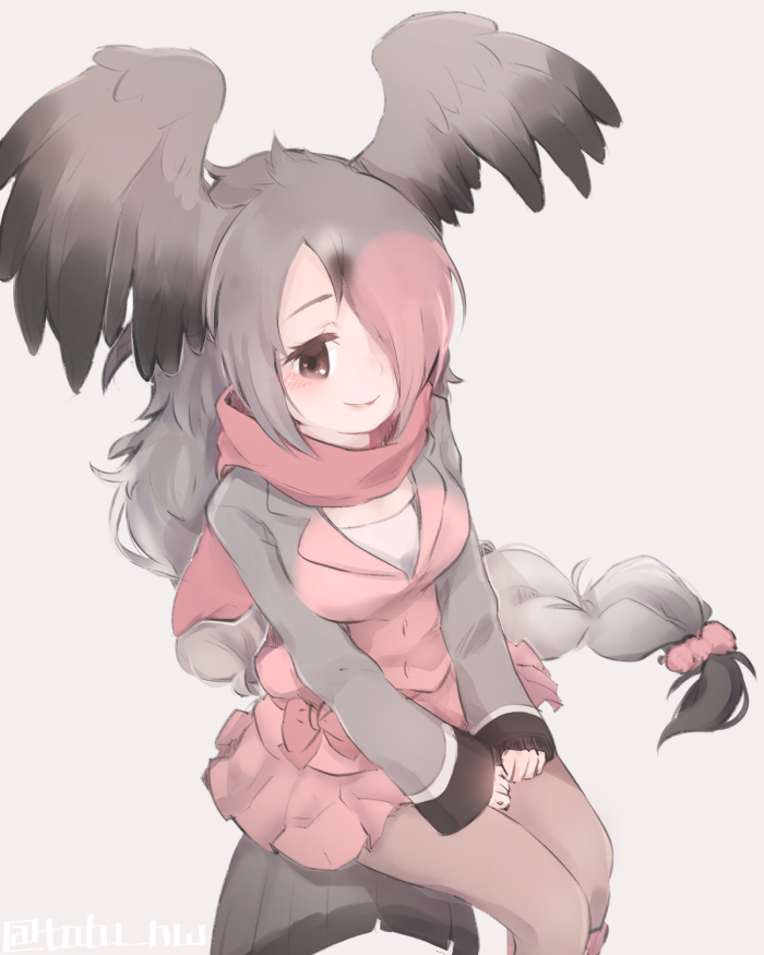 1girl artist_name blush bow braid brown_eyes feathered_wings grey_background grey_hair hair_over_one_eye kemono_friends long_hair miniskirt multicolored_hair pantyhose pink-backed_pelican_(kemono_friends) scarf simple_background sitting skirt solo tatsuno_newo wings