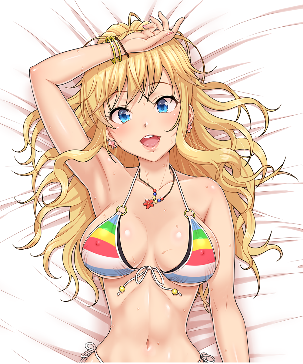 1girl :d arm_up armpits bangle bangs bare_arms bare_shoulders bed_sheet bikini blonde_hair blue_eyes blue_shorts blush bracelet breasts buckle cleavage dakimakura earrings erect_nipples eyebrows_visible_through_hair from_above front-tie_bikini front-tie_top hand_on_own_head highres idolmaster idolmaster_cinderella_girls jewelry long_hair looking_at_viewer lying medium_breasts multicolored multicolored_bikini multicolored_clothes nail_polish navel necklace nigou on_back ootsuki_yui open_fly open_mouth pink_nails ribbon shorts side-tie_bikini smile solo star stomach swimsuit wavy_hair white_ribbon