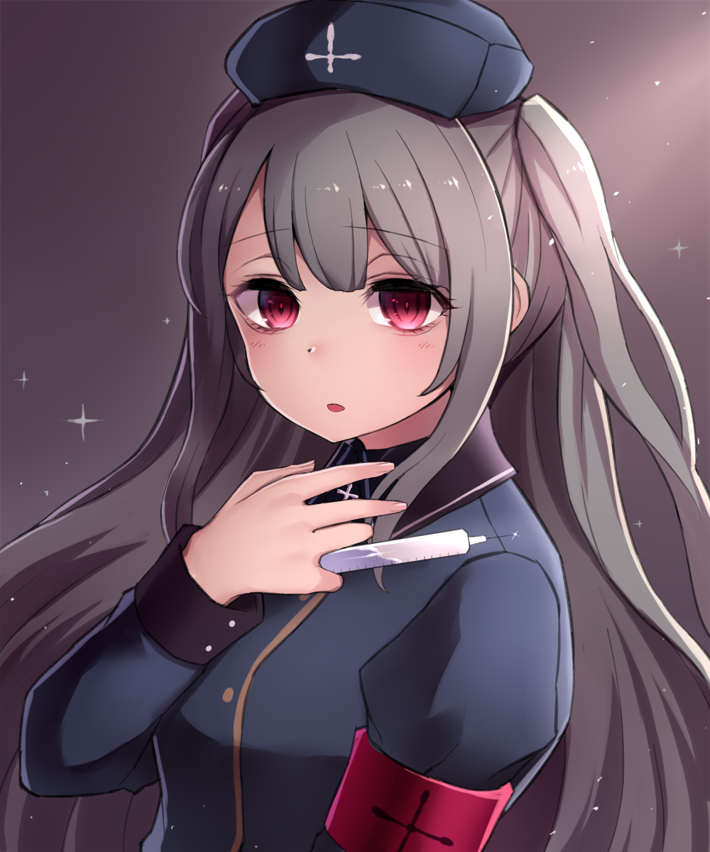 armband between_fingers commentary_request eyebrows_visible_through_hair grey_hair hat highres jacket long_hair long_sleeves looking) looking_at_viewer neit_ni_sei nurse_cap open_mouth original red_eyes solo star_(sky) syringe twintails upper_body virtual_youtuber