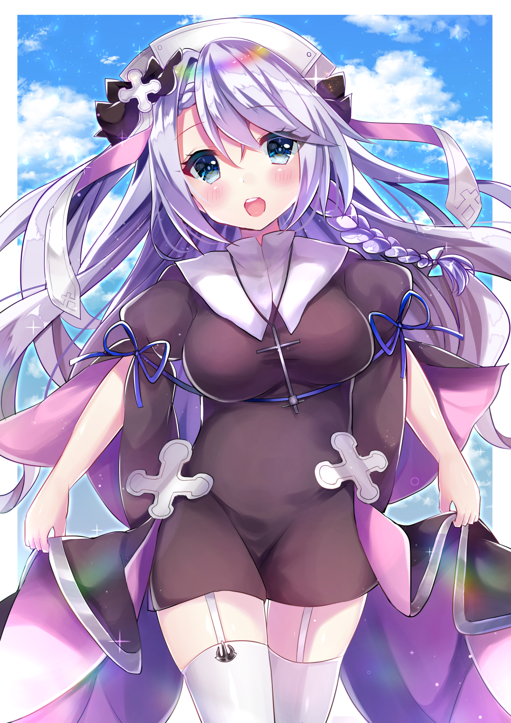 1girl azur_lane bangs black_dress blue_bow blue_eyes blue_sky blush bow braid breasts clouds commentary_request cross cross_necklace dress eyebrows_visible_through_hair garter_straps hair_between_eyes hair_bow hat head_tilt highres jewelry large_breasts long_hair looking_at_viewer minami_saki necklace open_mouth puffy_short_sleeves puffy_sleeves purple_hair short_sleeves side_braid sidelocks sky solo thigh-highs upper_teeth very_long_hair vestal_(azur_lane) white_hat white_legwear