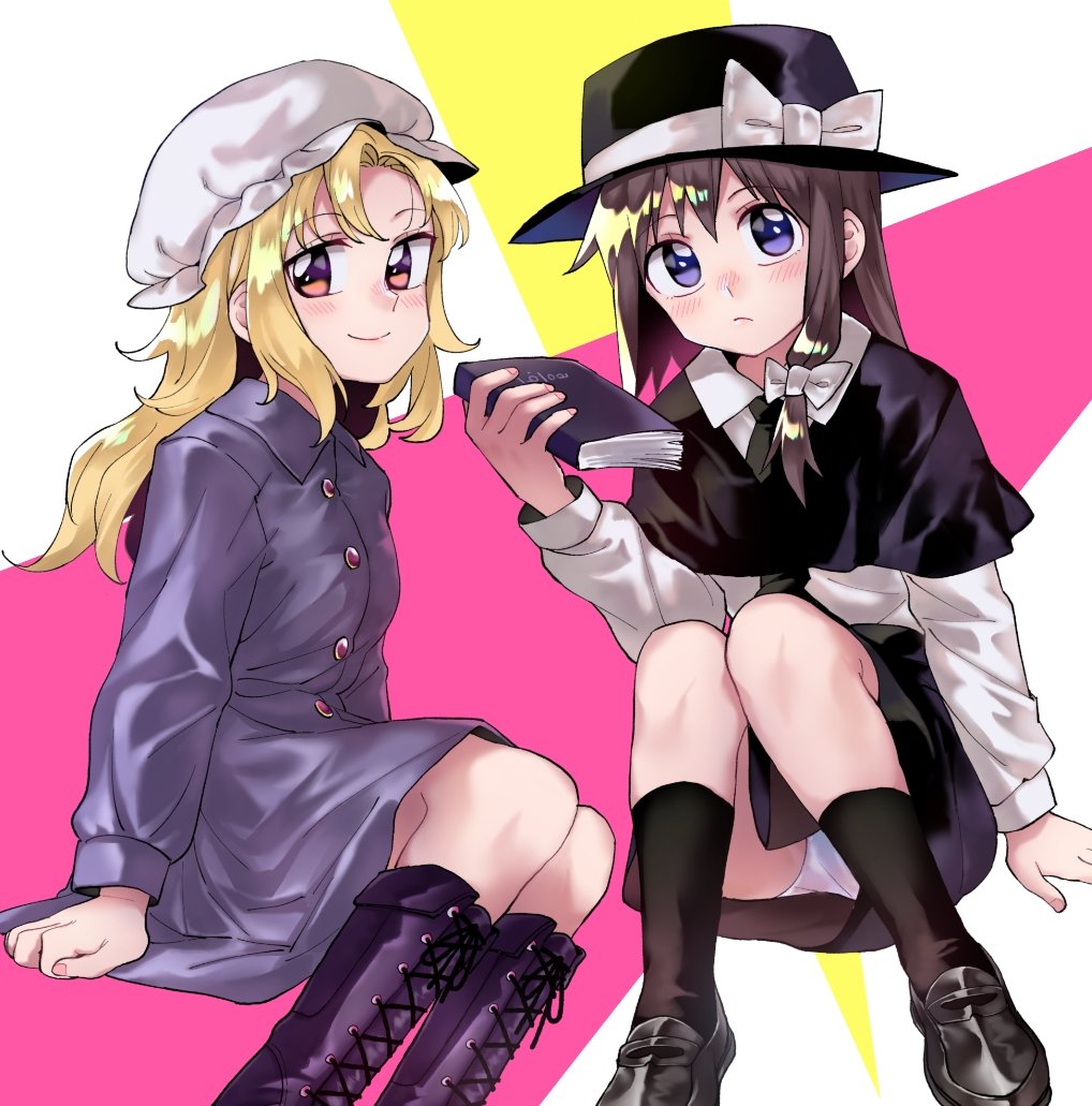 2girls alternate_eye_color anarogumaaa bangs black_capelet black_footwear black_hat black_legwear black_neckwear black_skirt blonde_hair blue_eyes blush book boots bow brown_hair capelet dress expressionless fedora fingernails from_side gradient_eyes hair_bow hat hat_bow holding holding_book kneehighs long_hair long_sleeves looking_at_viewer looking_to_the_side maribel_hearn mob_cap multicolored multicolored_background multicolored_eyes multiple_girls nail_polish necktie panties pantyshot pantyshot_(sitting) parted_bangs pink_background pink_nails purple_dress purple_footwear reflective_eyes shiny shiny_clothes shiny_hair shoes short_hair single_sidelock sitting skirt smile thighs touhou underwear usami_renko violet_eyes white_panties yellow_background