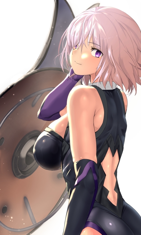 1girl arm_at_side ass bare_shoulders black_bodysuit black_gloves bodysuit breasts closed_mouth commentary_request elbow_gloves eyebrows_visible_through_hair fate/grand_order fate_(series) gloves hand_in_hair hand_up large_breasts looking_at_viewer looking_back mash_kyrielight multicolored multicolored_clothes multicolored_gloves pekoneko pink_hair purple_gloves shield short_hair simple_background smile solo standing white_background
