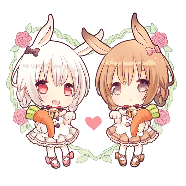 2girls :d :o animal_ears bangs bare_shoulders bell black_bow bow braid breasts brown_dress brown_eyes brown_hair chibi commentary_request dress eyebrows_visible_through_hair gloves hair_between_eyes hair_bow heart jingle_bell looking_at_viewer maodouzi multiple_girls open_mouth original pantyhose parted_lips paw_gloves paws pink_bow pleated_dress rabbit_ears red_eyes red_ribbon ribbon silver_hair smile standing strapless strapless_dress stuffed_carrot stuffed_toy upper_teeth white_background white_dress white_legwear