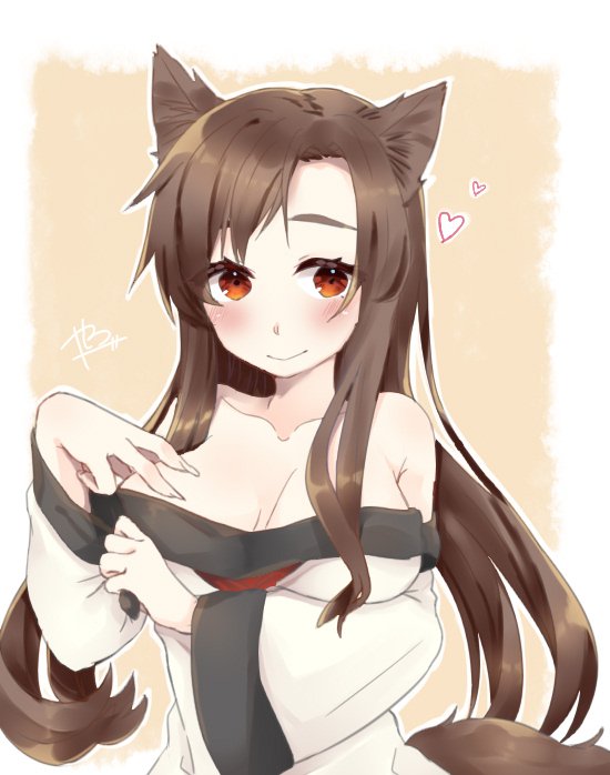 1girl abe_suke animal_ears bare_shoulders blush breasts brown_eyes brown_hair closed_mouth heart imaizumi_kagerou large_breasts long_hair long_sleeves looking_at_viewer sidelocks signature smile solo tail touhou upper_body wide_sleeves wolf_ears wolf_tail