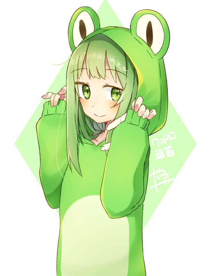 1girl abe_suke alternate_costume animal_costume bangs blush closed_mouth commentary_request eyebrows_visible_through_hair frog_costume green_eyes green_hair hair_ornament hands_up kochiya_sanae long_sleeves looking_at_viewer multicolored multicolored_background sidelocks signature snake_hair_ornament solo touhou two-tone_background upper_body