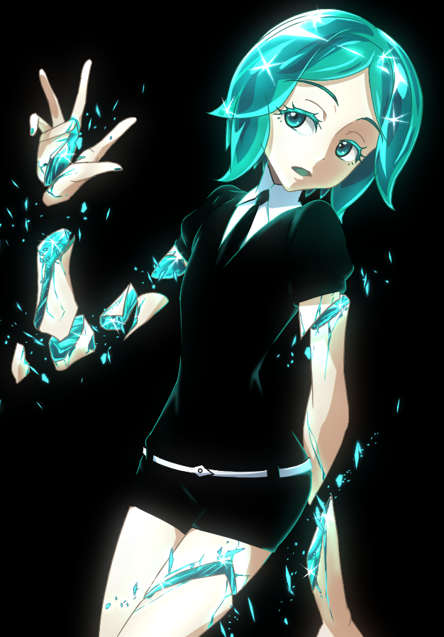 androgynous aqua_eyes aqua_hair aqua_nails black_background black_neckwear black_shorts broken crystal_hair gem_uniform_(houseki_no_kuni) houseki_no_kuni nail_polish necktie phosphophyllite shards short_hair shorts simple_background solo uganda