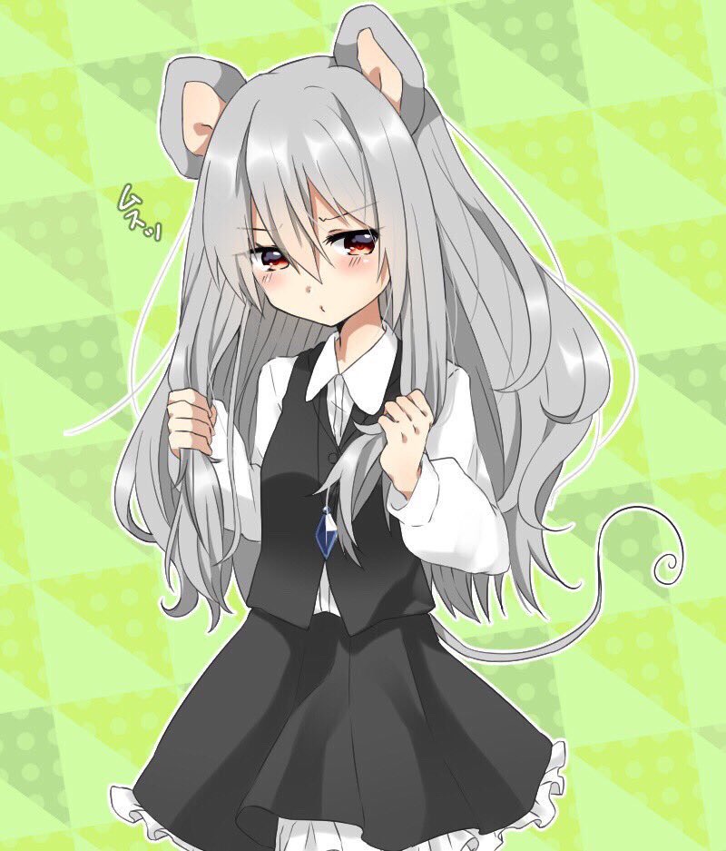 1girl abe_suke alternate_hair_length alternate_hairstyle animal_ears bangs black_skirt blush brown_eyes buttons collared_shirt cowboy_shot eyebrows_visible_through_hair grey_hair hair_between_eyes holding holding_hair jewelry long_hair long_sleeves looking_at_viewer mouse_ears mouse_tail nazrin necklace shirt sidelocks skirt skirt_set solo tail touhou white_shirt