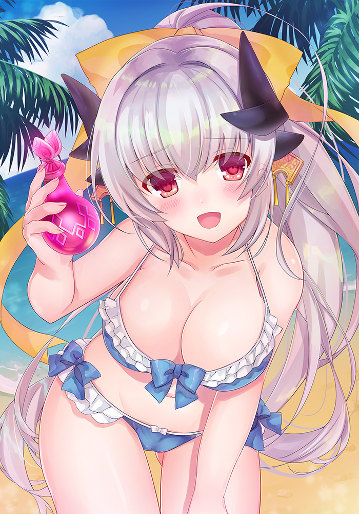 1girl :d bare_arms bare_shoulders beach bikini blue_bikini blue_bow blue_sky blush bottle bow breasts cleavage collarbone day ears_visible_through_hair eyebrows_visible_through_hair fate/grand_order fate_(series) fisheye frilled_bikini frills gluteal_fold hair_bow head_tilt holding holding_bottle horizon horns kiyohime_(fate/grand_order) kiyohime_(swimsuit_lancer)_(fate) large_breasts leaning_forward long_hair looking_at_viewer nanahachi navel open_mouth outdoors palm_tree ponytail raised_eyebrows red_eyes sand shiny shiny_hair shore silver_hair sky smile solo standing swimsuit thigh_gap thighs tree very_long_hair water yellow_bow