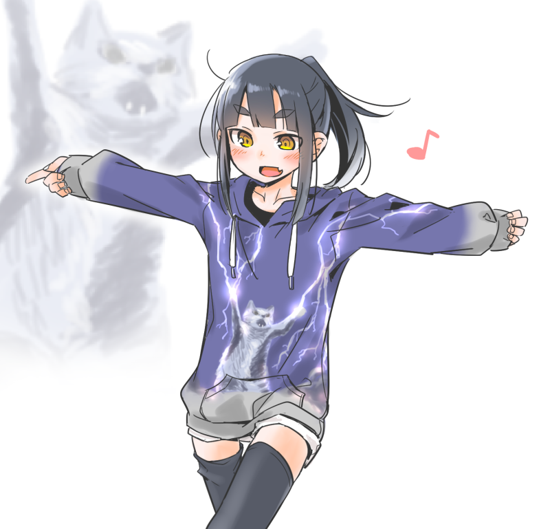 1girl :d akari_(raigou) black_hair black_legwear blush cat cat_shooting_lightning commentary_request drawstring fang happy hood hoodie lightning long_hair meme_attire musical_note open_mouth original outstretched_arms ponytail quaver raigou sleeves_past_wrists smile solo spread_arms thick_eyebrows thigh-highs yellow_eyes