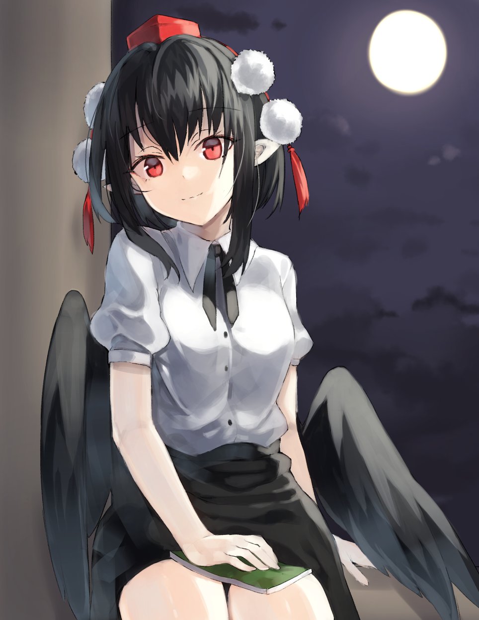 1girl black_hair black_ribbon black_skirt black_wings book breasts clouds commentary_request cowboy_shot eyebrows_visible_through_hair hat head_tilt highres kasuka_(kusuki) looking_at_viewer medium_breasts moon neck_ribbon night night_sky pointy_ears pom_pom_(clothes) puffy_short_sleeves puffy_sleeves red_eyes ribbon shameimaru_aya shirt short_hair short_sleeves sidelocks sitting skirt sky smile solo tassel tokin_hat touhou white_shirt wings