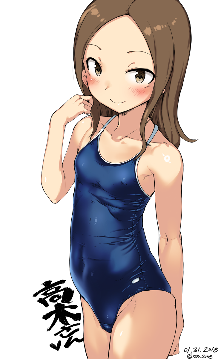 1girl bare_arms bare_shoulders blue_swimsuit blush closed_mouth collarbone competition_swimsuit covered_navel cowboy_shot dated erect_nipples forehead groin hand_up highres imazon karakai_jouzu_no_takagi-san long_hair looking_at_viewer one-piece_swimsuit shiny shiny_clothes signature simple_background skin_tight smile solo standing swimsuit takagi-san white_background