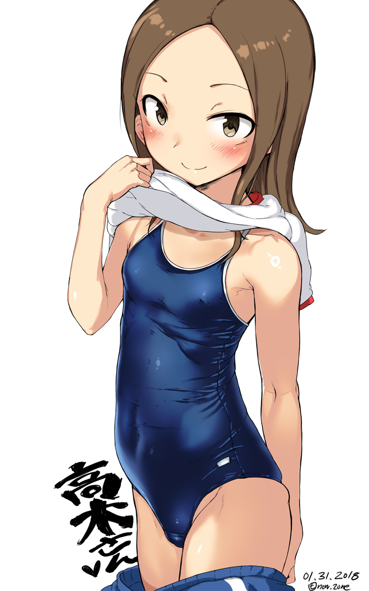 1girl bare_arms bare_shoulders blue_shorts blue_swimsuit blush closed_mouth competition_school_swimsuit covered_navel cowboy_shot dated erect_nipples flat_chest forehead groin gym_shorts gym_uniform hand_up highres imazon karakai_jouzu_no_takagi-san long_hair looking_at_viewer shiny shiny_hair shirt shirt_lift shorts shorts_pull signature simple_background skin_tight skindentation smile solo standing swimsuit takagi-san undressing white_background white_shirt