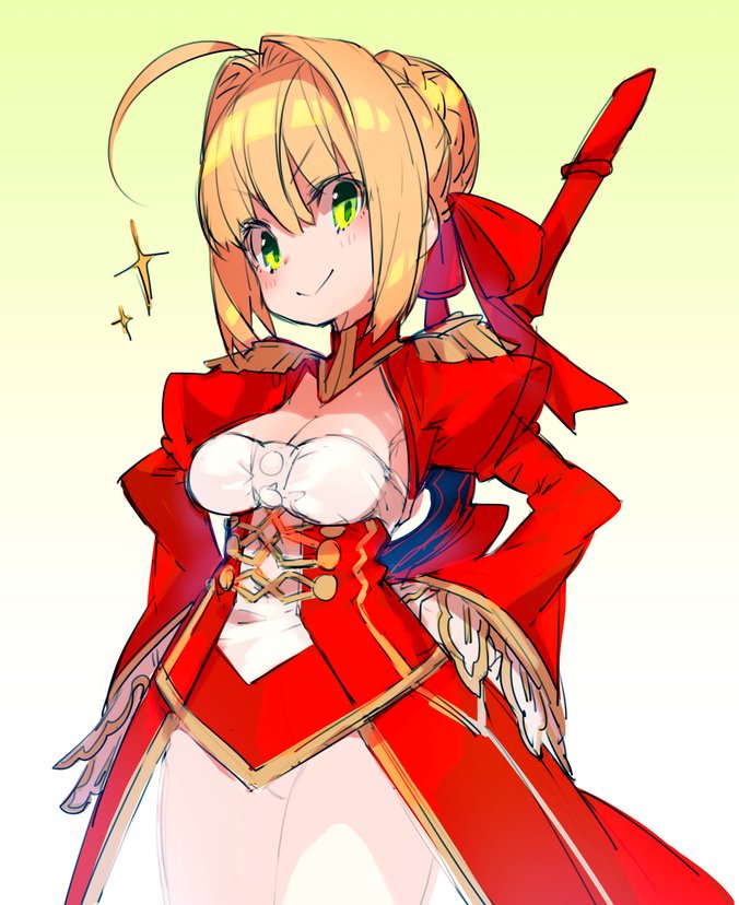 &gt;:) 1girl ahoge blonde_hair braid breasts bukurote cleavage closed_mouth dress epaulettes fate/extra fate_(series) french_braid green_eyes hair_bun hair_intakes hair_ribbon hands_on_hips juliet_sleeves long_sleeves looking_at_viewer nero_claudius_(fate) nero_claudius_(fate)_(all) puffy_sleeves red_dress ribbon saber_extra see-through short_hair smile smug solo sparkle v-shaped_eyebrows