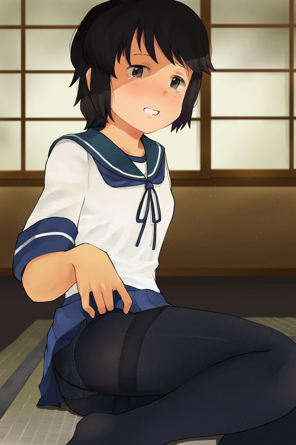 1girl black_hair black_legwear blue_sailor_collar blue_skirt brown_eyes feet_out_of_frame full_body kantai_collection miyuki_(kantai_collection) panties panties_under_pantyhose pantyhose parted_lips pleated_skirt sailor_collar school_uniform serafuku short_hair sitting skirt solo tears thighband_pantyhose tooku_nomura_(artist) underwear white_panties yokozuwari