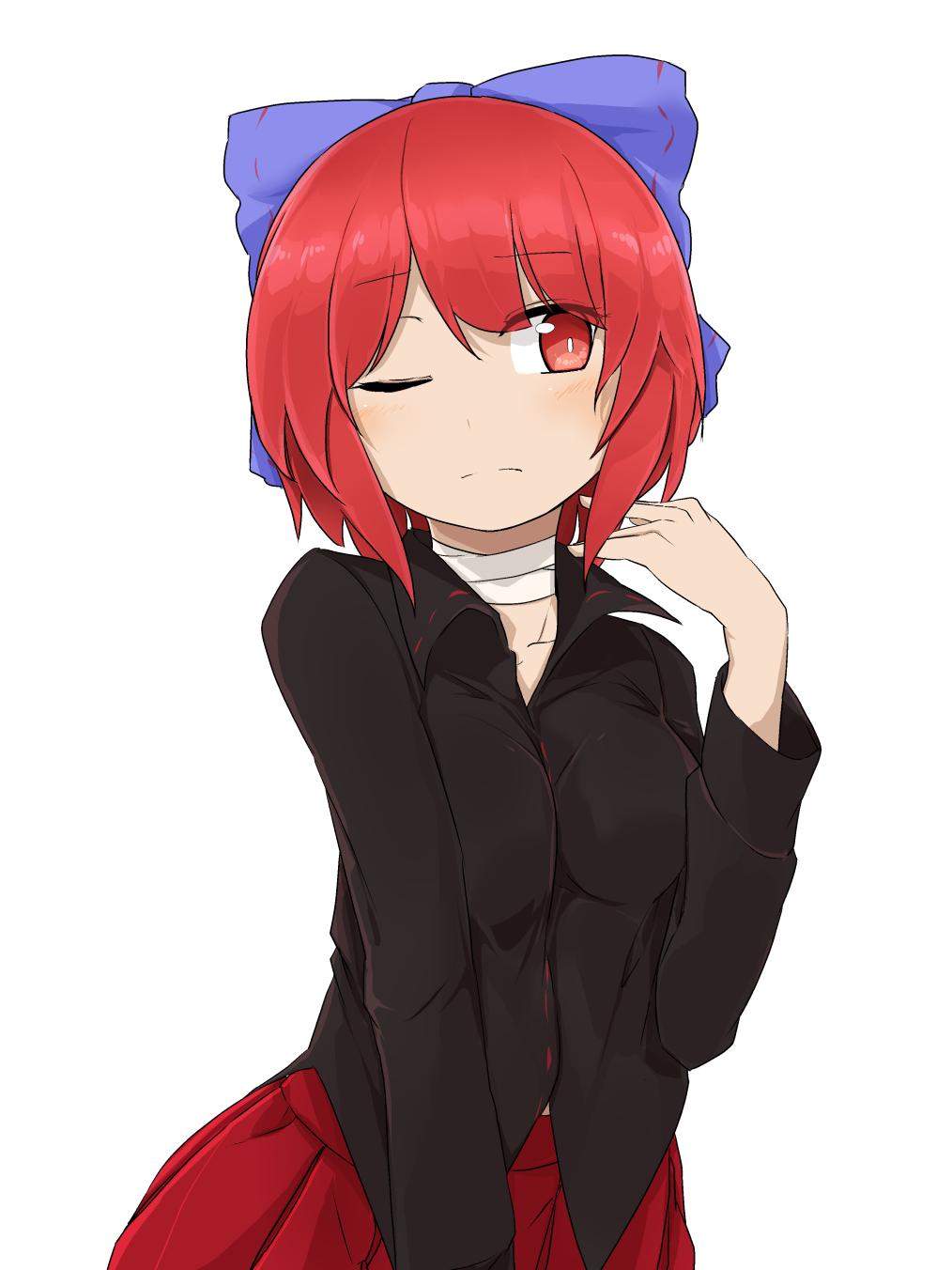 1girl bandaged_neck black_shirt blue_bow bow breasts closed_mouth collared_shirt commentary_request eyebrows_visible_through_hair hair_bow highres long_sleeves looking_at_viewer medium_breasts one_eye_closed red_eyes redhead sekibanki shirt short_hair simple_background solo touhou tyouseki upper_body white_background