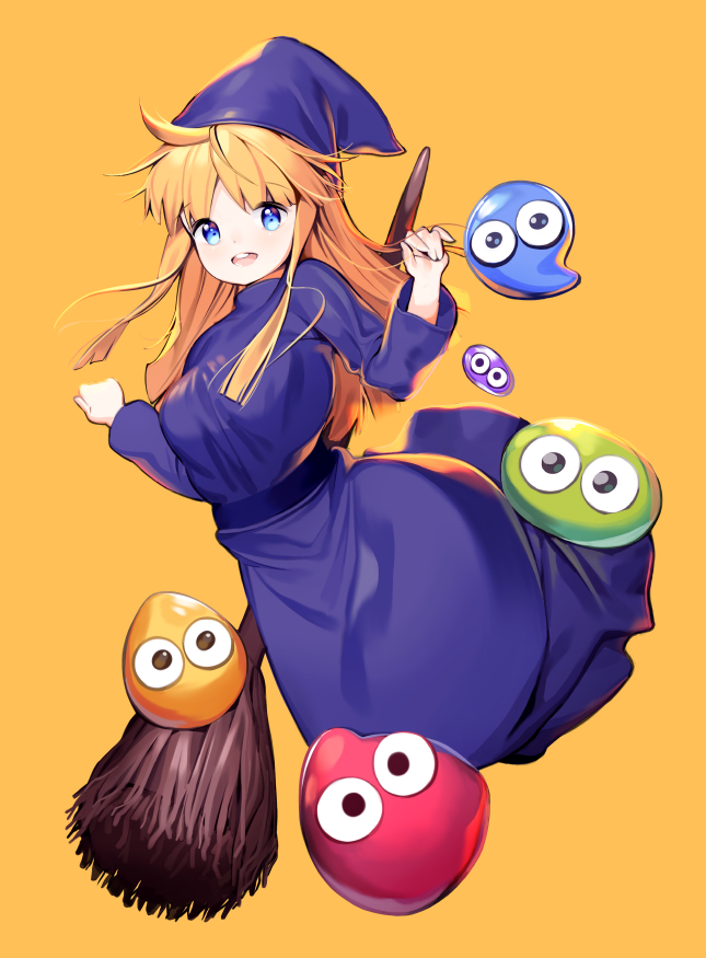 1girl blonde_hair blue_eyes breasts broom chyanu dress hat long_hair long_sleeves puyopuyo witch witch_(puyopuyo)