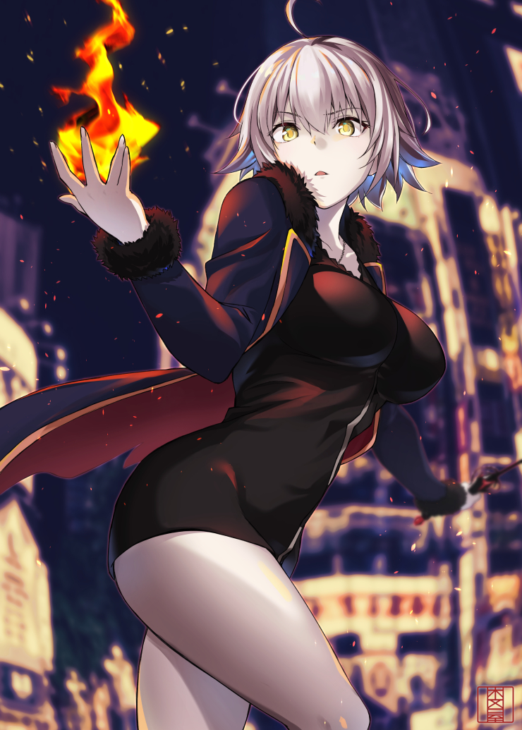 1girl ahoge black_dress breasts coat dress embers fate/grand_order fate_(series) fire fireball full-length_zipper fur-trimmed_coat fur_trim holding holding_sword holding_weapon jeanne_d'arc_(alter)_(fate) jeanne_d'arc_(fate)_(all) large_breasts long_sleeves looking_at_viewer magic murio open_mouth parted_lips shiny shiny_hair short_dress short_hair silver_hair solo sword weapon wicked_dragon_witch_ver._shinjuku_1999 yellow_eyes zipper