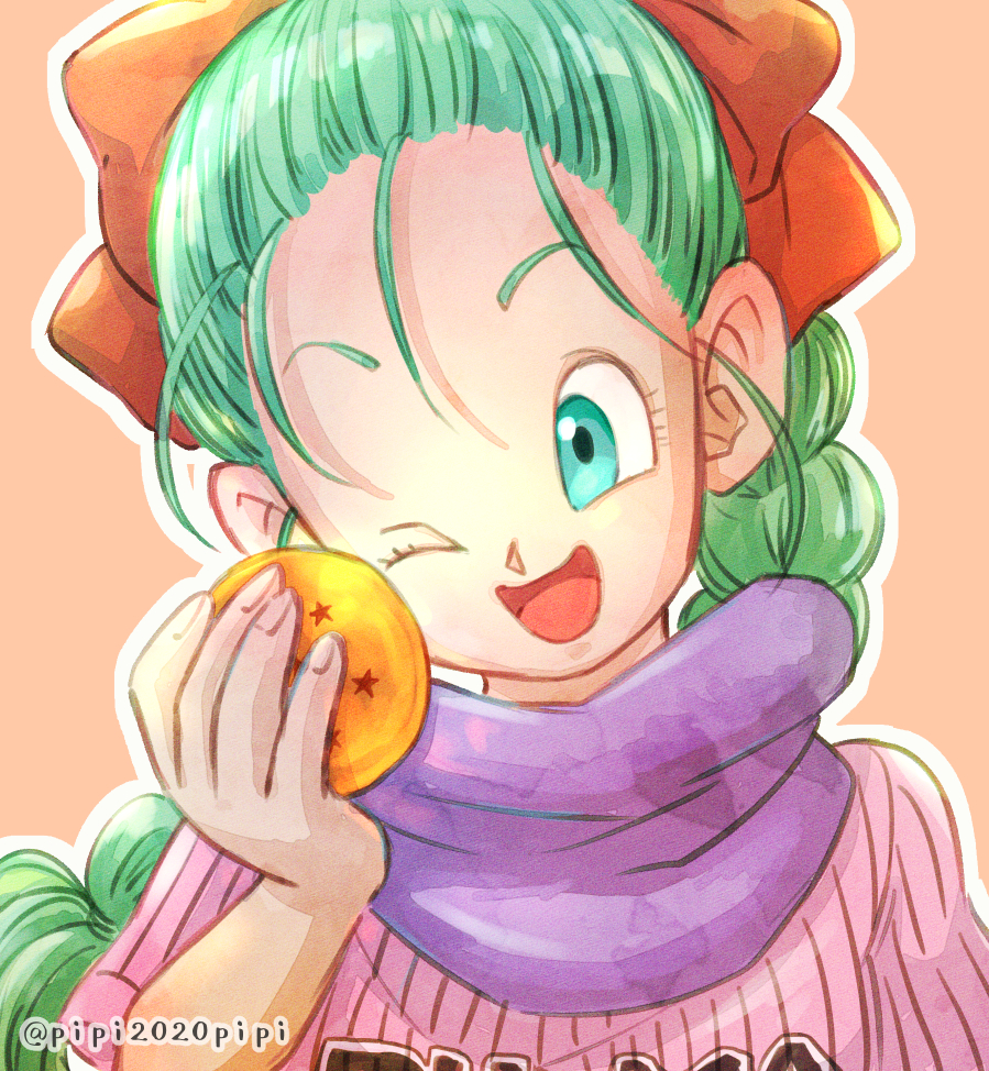 1girl ;d braid bulma dragon_ball dragon_ball_(classic) dragon_ball_(object) green_eyes green_hair hair_ornament holding one_eye_closed pipi2020pipi smile solo twitter_username upper_body