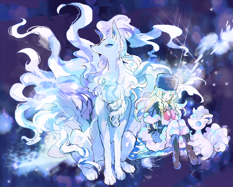 1girl alola_form alolan_ninetales alolan_vulpix blonde_hair boots braid fur_hat fur_trim green_eyes hat kantarou_(8kan) lillie_(pokemon) long_hair mittens neck_ribbon pokemon pokemon_(anime) pokemon_(creature) pokemon_sm_(anime) ribbon sitting twin_braids