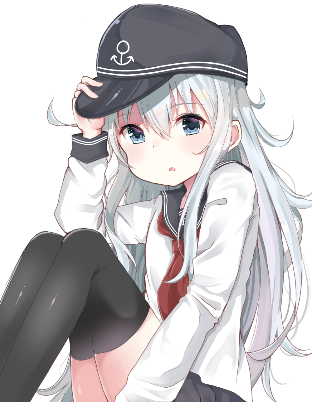 1girl anchor_symbol bangs black_hat black_legwear black_skirt blue_eyes blush eyebrows_visible_through_hair flat_cap hair_between_eyes hat hibiki_(kantai_collection) highres kantai_collection long_hair long_sleeves looking_at_viewer neckerchief noeru_(gt17854) parted_lips pleated_skirt red_neckwear school_uniform serafuku shirt silver_hair simple_background sitting skirt solo thigh-highs thighs very_long_hair white_background white_shirt