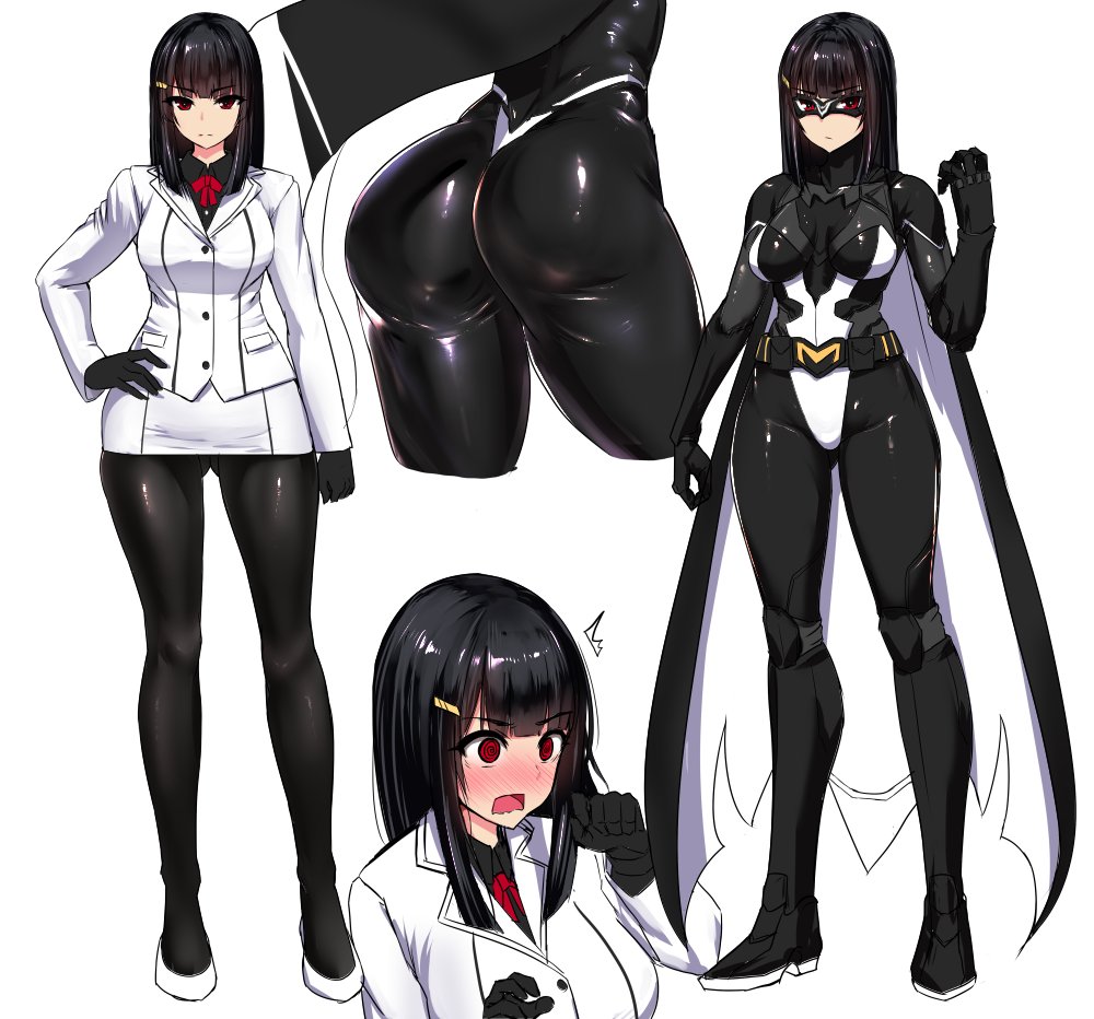 1girl ass black_hair black_legwear blush bodysuit breasts character_sheet closed_mouth domino_mask eyebrows_visible_through_hair full_body ishimiso_(ishimura) large_breasts looking_at_viewer mask multiple_views original pantyhose pencil_skirt red_eyes shiny shiny_clothes skirt solo spandex superhero