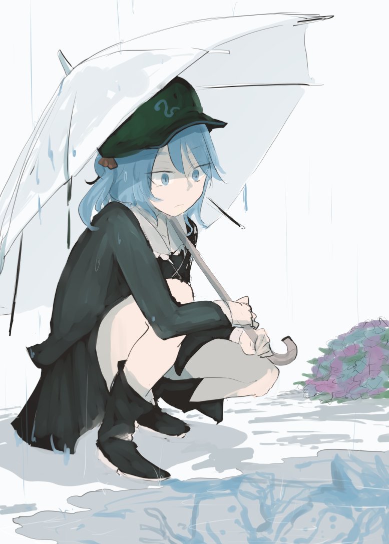 1girl alternate_costume blue_eyes blue_hair boots coat hat holding holding_umbrella kawashiro_nitori long_sleeves medium_hair ne_kuro open_clothes open_coat outdoors short_twintails solo touhou twintails umbrella