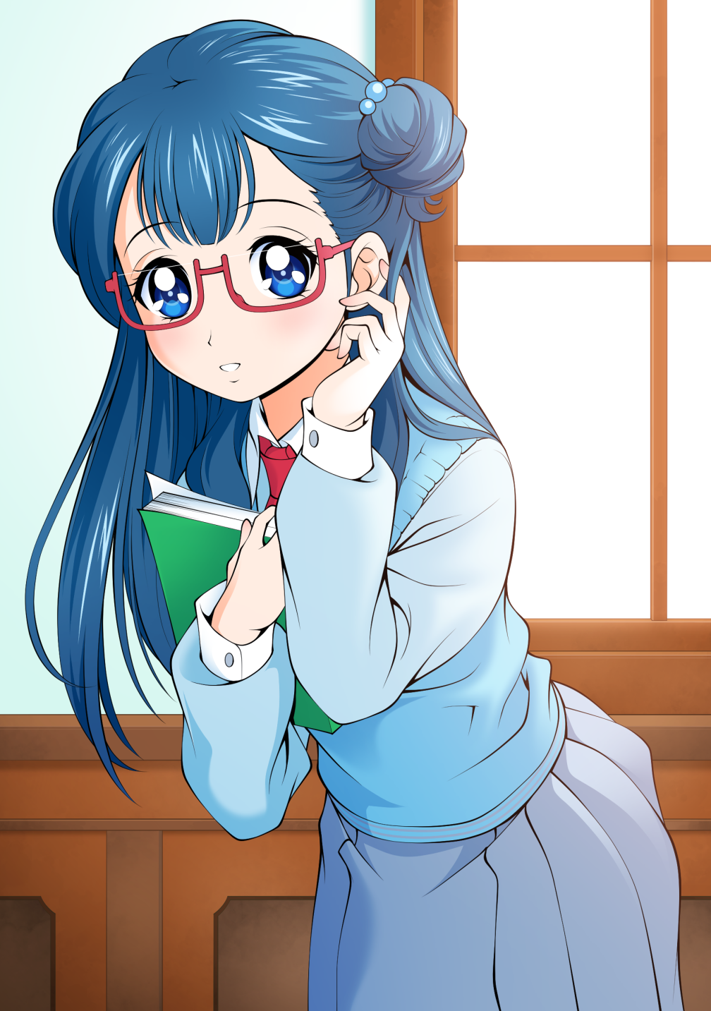 1girl bangs blue_eyes blue_hair book cowboy_shot grey_skirt hair_bun highres holding holding_book hugtto!_precure long_hair looking_at_viewer mattsua precure red-framed_eyewear school_uniform skirt smile solo sweater_vest yakushiji_saaya