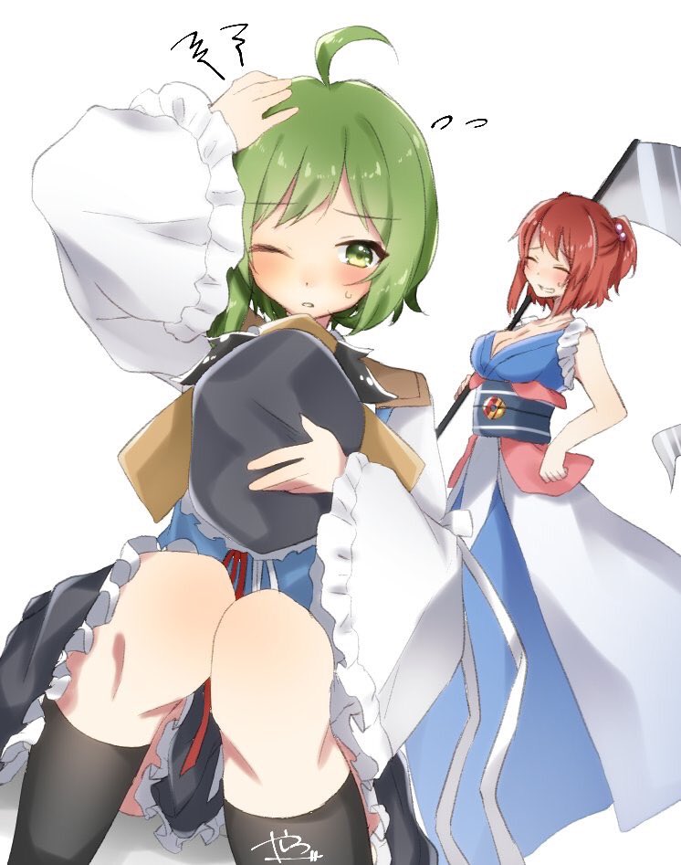 2girls abe_suke ahoge arm_up bare_arms black_legwear black_skirt blush breasts cleavage flying_sweatdrops green_eyes green_hair hair_bobbles hair_ornament hand_on_own_head hat hat_removed headwear_removed holding holding_hat kneehighs long_sleeves looking_at_viewer medium_breasts multiple_girls obi one_eye_closed onozuka_komachi redhead sash scythe shiki_eiki short_hair signature sitting skirt sweat touhou wide_sleeves