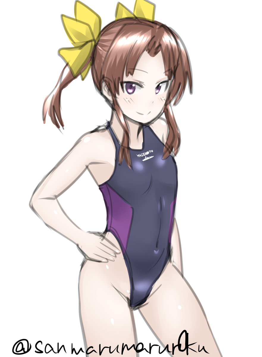 1girl 30-06 black_swimsuit brown_hair competition_swimsuit cowboy_shot flat_chest hair_ribbon hand_on_hip highleg highleg_swimsuit highres kagerou_(kantai_collection) kantai_collection looking_at_viewer navel one-piece_swimsuit ribbon solo swimsuit twintails twitter_username violet_eyes white_background yellow_ribbon