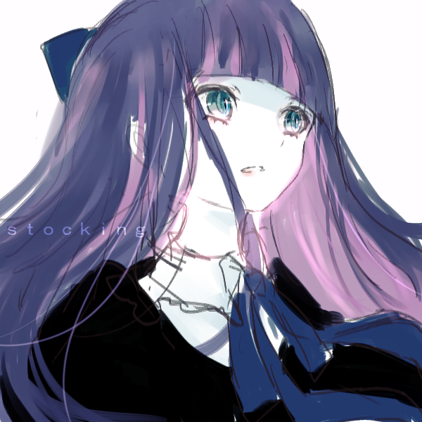 1girl blue_eyes bow character_name gothic_lolita hair_bow lolita_fashion long_hair lost-6s10 multicolored_hair panty_&amp;_stocking_with_garterbelt parted_lips pink_hair purple_hair ribbon solo stocking_(psg) two-tone_hair