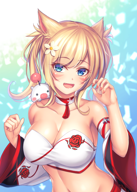 1girl animal_ears blonde_hair blue_eyes breasts cat_ears choker cleavage detached_sleeves eyebrows_visible_through_hair facial_mark fang final_fantasy final_fantasy_xiv fingernails flower hair_flower hair_ornament large_breasts long_fingernails long_sleeves miqo'te moogle navel open_mouth tiphereth white_flower