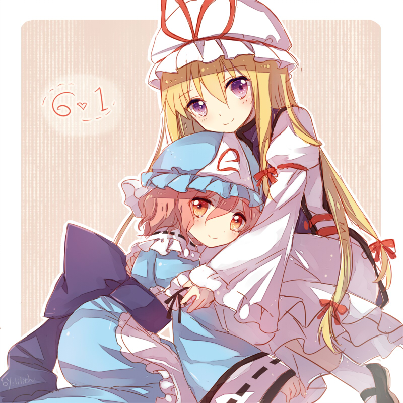 2girls blonde_hair chin_on_head chin_rest dress frills gradient_eyes hair_ribbon hat head_on_chest heart japanese_clothes kimono lilith_(lilithchan) long_hair mob_cap multicolored multicolored_eyes multiple_girls orange_eyes pink_hair ribbon saigyouji_yuyuko short_hair smile tabard touhou violet_eyes yakumo_yukari