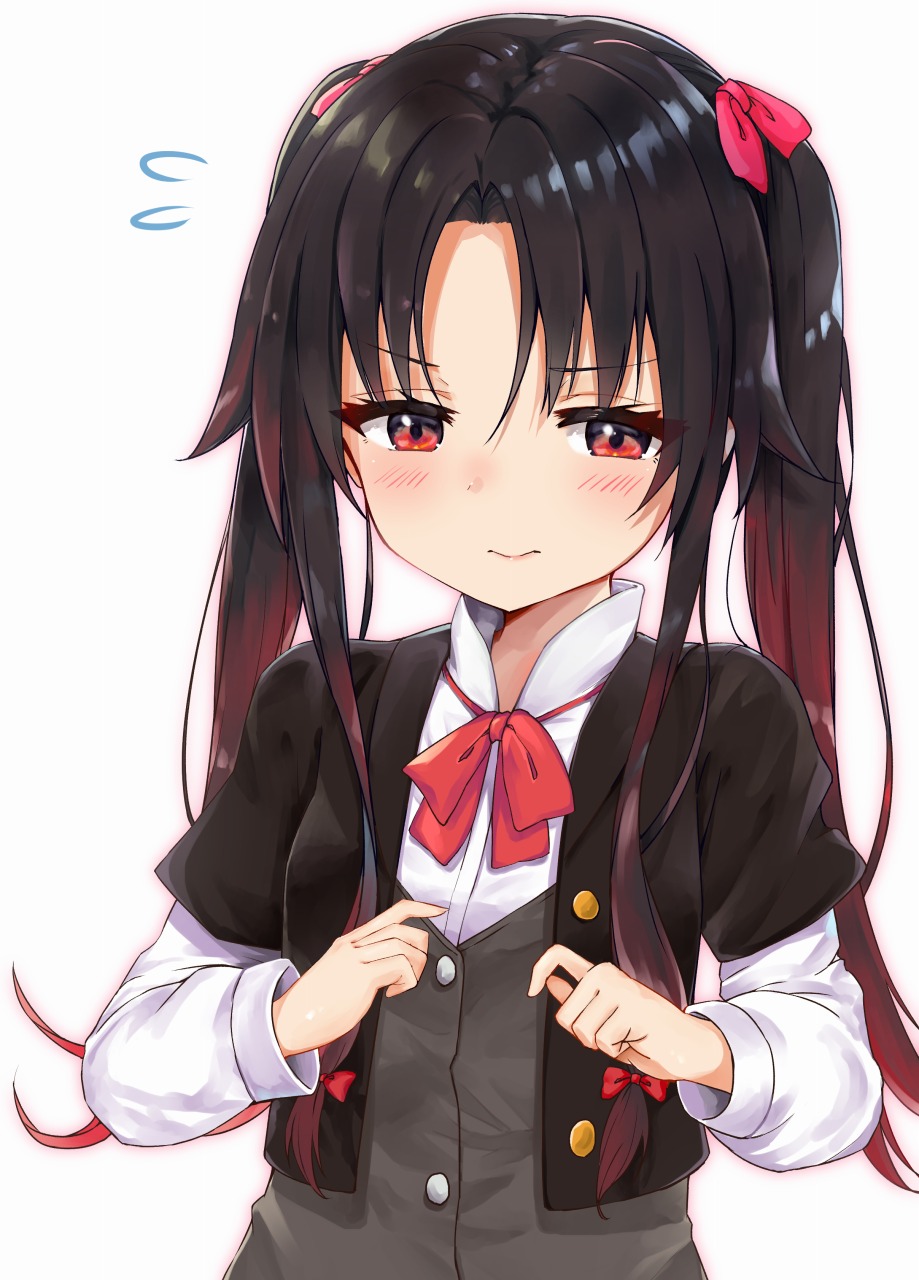 1girl alternate_hairstyle bangs black_jacket blush bow breasts brown_hair brown_vest closed_mouth commentary_request eyebrows_visible_through_hair gradient_hair hair_bow highres jacket long_hair long_sleeves looking_at_viewer multicolored_hair racchi. red_bow red_eyes redhead ryuuou_no_oshigoto! shirt short_over_long_sleeves sidelocks simple_background small_breasts solo twintails upper_body very_long_hair vest white_background white_shirt yashajin_ai