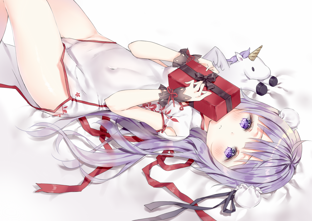 1girl ahoge azur_lane blush china_dress chinese_clothes covered_navel covering_face dress frown hair_bun hair_ribbon lavender_hair long_hair looking_at_viewer lying object_hug on_back qlakwnd ribbon solo stuffed_animal stuffed_toy stuffed_unicorn unicorn_(azur_lane) violet_eyes white_dress white_legwear