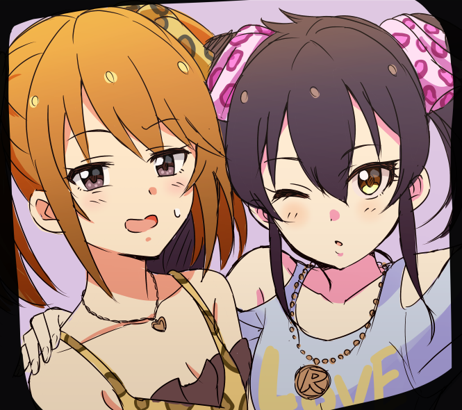 2girls animal_print bare_shoulders black_hair breasts brown_hair cleavage hair_between_eyes heart heart_necklace idolmaster idolmaster_cinderella_girls keikesu leopard_print matching_hairstyle matoba_risa multiple_girls sidelocks sweatdrop twintails yuuki_haru