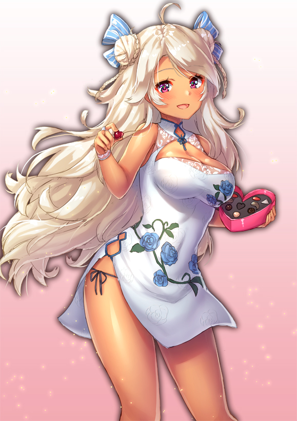 1girl :d ahoge azur_lane bangs bare_arms bare_shoulders black_ribbon black_wings blue_ribbon box box_of_chocolates braid breasts brooklyn_(azur_lane) chocolate chocolate_heart cleavage cleavage_cutout contrapposto double_bun dress eyebrows_visible_through_hair floral_print food gradient gradient_background hair_ribbon heart heart-shaped_box holding holding_box holding_food large_breasts light_particles looking_at_viewer open_mouth panties pensuke pink_background pink_eyes print_dress ribbon rose_print shirt side-tie_panties side_slit sleeveless sleeveless_shirt smile standing striped striped_ribbon swept_bangs tareme thighs underwear valentine white_dress wings wrist_cuffs