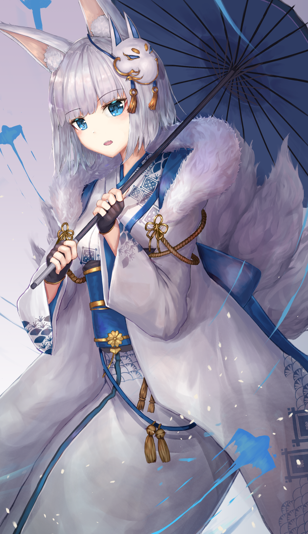 1girl animal_ears azur_lane black_gloves blue_eyes blue_umbrella cowboy_shot eyebrows_visible_through_hair fingerless_gloves fox_ears fox_tail gloves highres holding holding_umbrella hoshibudou japanese_clothes kaga_(azur_lane) kimono mask mask_on_head multiple_tails obi open_mouth oriental_umbrella sash short_hair silver_hair solo tail umbrella white_kimono yukata