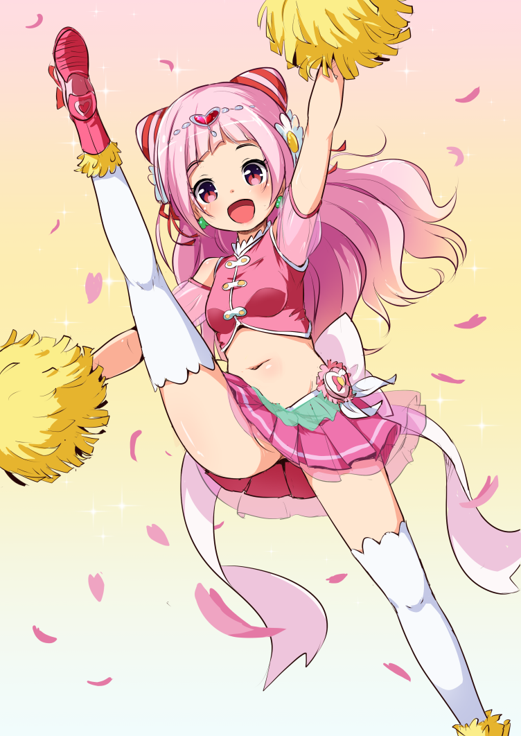 1girl :d arm_up cure_yell gradient gradient_background hugtto!_precure leg_up long_hair looking_at_viewer magical_girl midriff navel nekono_rin nono_hana open_mouth petals pink_eyes pink_hair pink_skirt pom_poms precure skirt smile solo standing standing_on_one_leg thigh-highs white_legwear