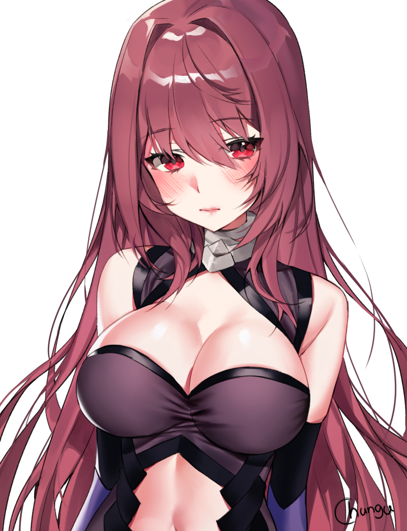 1girl artist_name bare_shoulders black_gloves blush breasts chungu cleavage cleavage_cutout collar cosplay elbow_gloves fate/grand_order fate_(series) gloves large_breasts lips long_hair looking_at_viewer mash_kyrielight mash_kyrielight_(cosplay) navel_cutout purple_hair red_eyes scathach_(fate/grand_order) shiny shiny_skin solo transparent_background upper_body very_long_hair