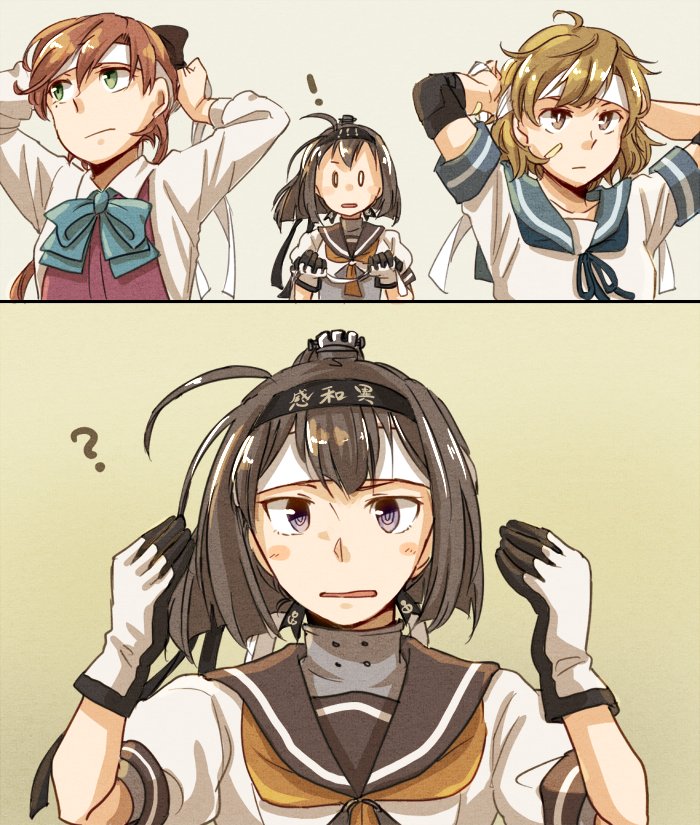 ! 2koma 3girls ? @_@ ahoge akigumo_(kantai_collection) akizuki_(kantai_collection) bandaid bandaid_on_face black_hair black_ribbon blue_neckwear blue_ribbon brown_eyes brown_hair comic commentary corset elbow_pads gloves green_eyes hachimaki hair_ribbon headband kantai_collection long_hair multiple_girls neck_ribbon neckerchief oboro_(kantai_collection) ponytail ribbon school_uniform serafuku shakeda_mamoshirou short_hair tying_headband vest violet_eyes yellow_neckwear