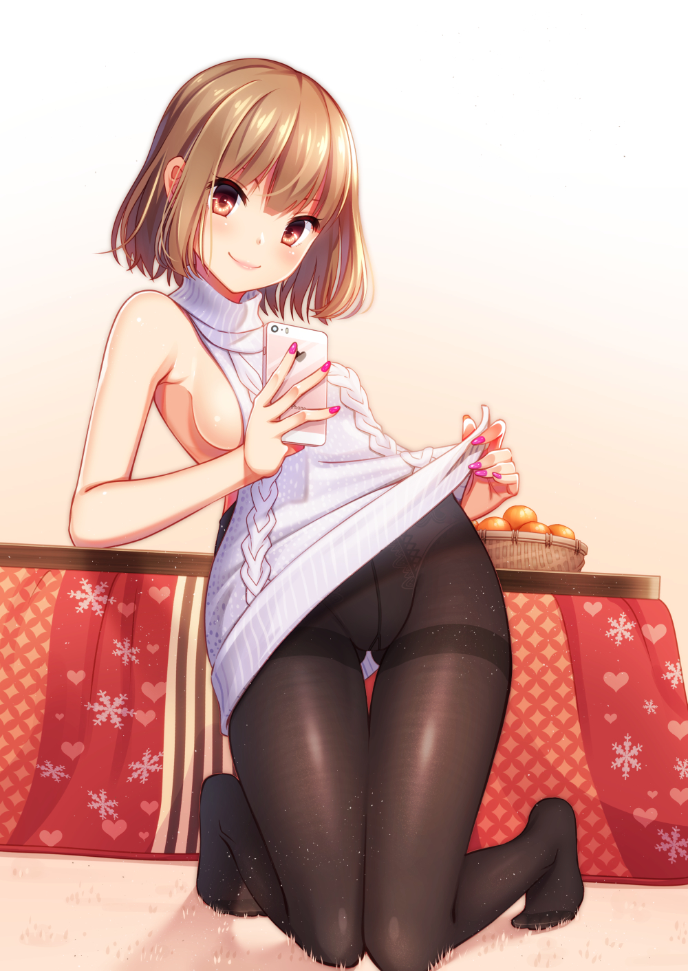 1girl bangs bare_arms bare_shoulders basket black_legwear blunt_bangs brown_hair carpet closed_mouth clothes_lift crotch_seam dress fingernails food fruit full_body gluteal_fold heart heart_print highres kneeling kotatsu leaning_to_the_side lifted_by_self mandarin_orange meme_attire nail_polish nukoko_(akumagansyakudairi) original panties panties_under_pantyhose pantyhose pink_nails red_eyes ribbed_sweater sleeveless sleeveless_turtleneck smile snowflake_print sweater sweater_dress sweater_lift table thigh_gap thighband_pantyhose turtleneck underwear virgin_killer_sweater white_sweater