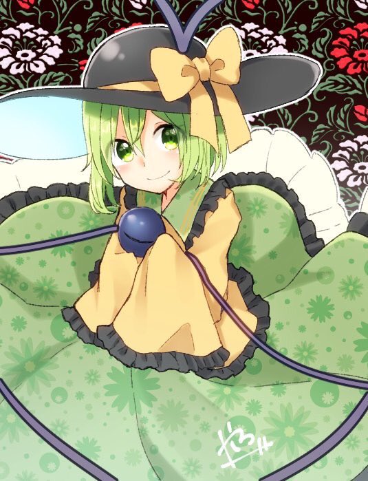 1girl abe_suke bangs blush bow closed_mouth floral_background floral_print green_eyes green_hair green_skirt hair_between_eyes hat hat_bow komeiji_koishi looking_at_viewer short_hair signature skirt sleeves_past_wrists smile solo third_eye touhou yellow_bow