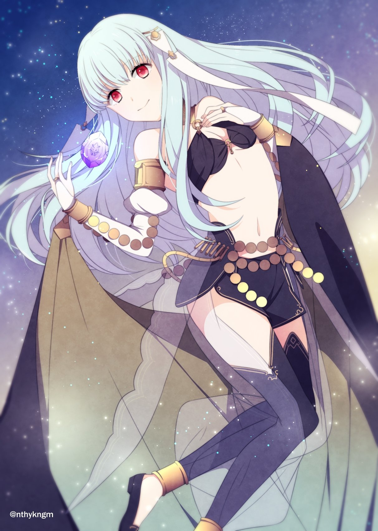 1girl artist_request bare_shoulders blue_hair blush breasts cosplay fire_emblem fire_emblem:_kakusei fire_emblem:_rekka_no_ken fire_emblem_heroes hair_ornament hairband highres jewelry long_hair looking_at_viewer mamkute midriff navel ninian olivia_(fire_emblem) olivia_(fire_emblem)_(cosplay) red_eyes smile solo