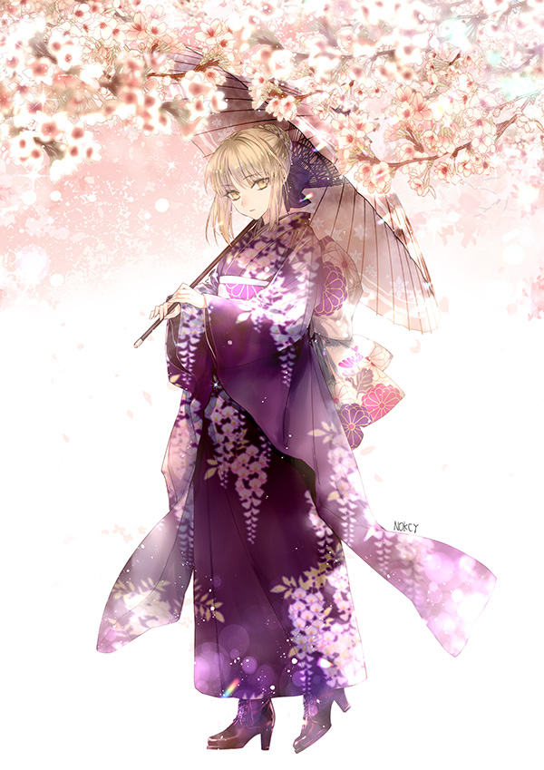 1girl artoria_pendragon_(all) blonde_hair eyebrows_visible_through_hair fate/stay_night fate_(series) floral_print flower full_body furisode hachini high_heels holding holding_umbrella japanese_clothes kimono looking_at_viewer oriental_umbrella pink_flower purple_kimono saber_alter short_hair_with_long_locks sidelocks solo standing umbrella yellow_eyes