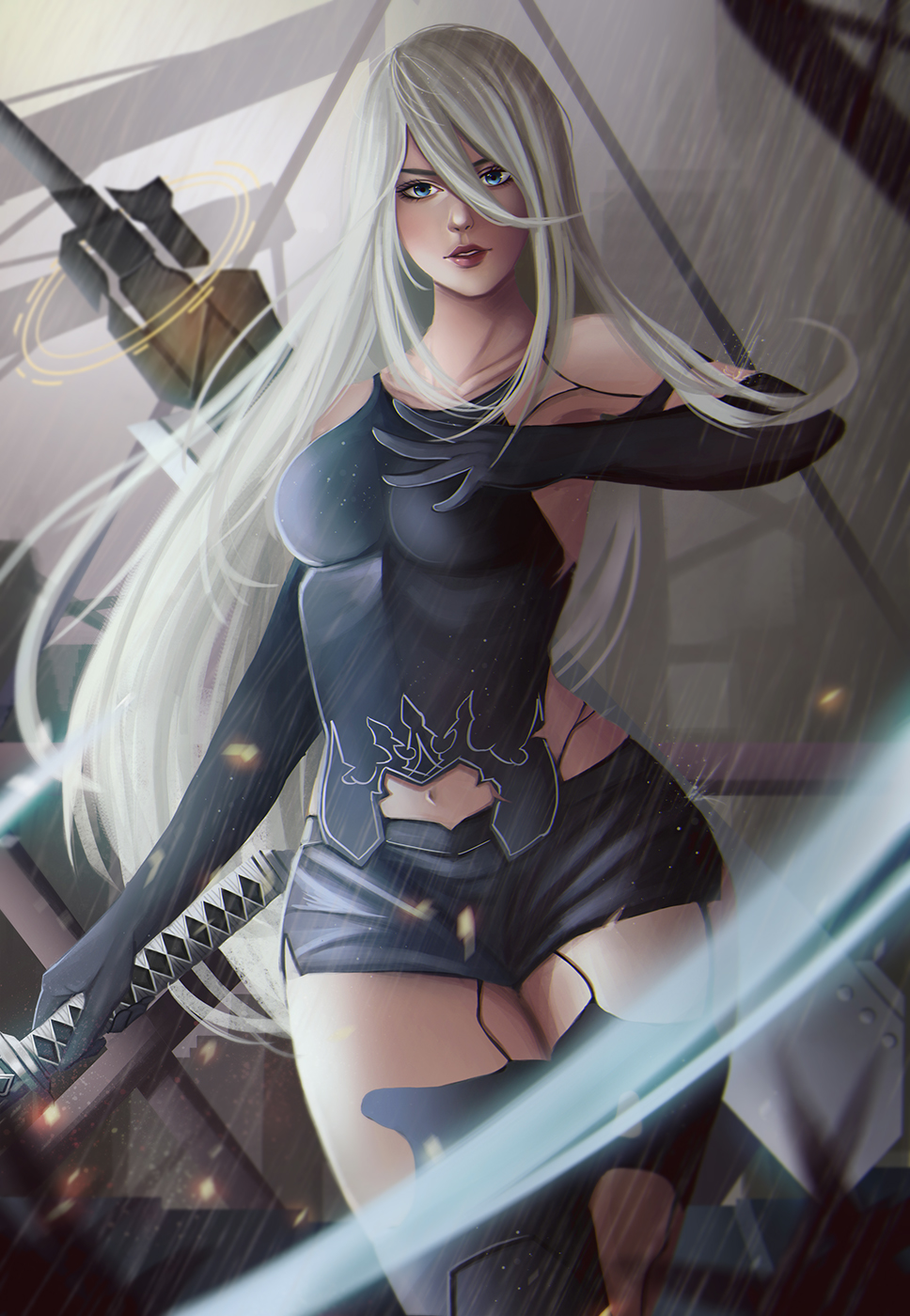 1girl armpit_crease artist_request blue_eyes character_request collarbone holding holding_weapon long_hair looking_at_viewer navel navel_cutout rain short_shorts solo thick_thighs thighhighs thighs white_hair yorha_type_a_no_2