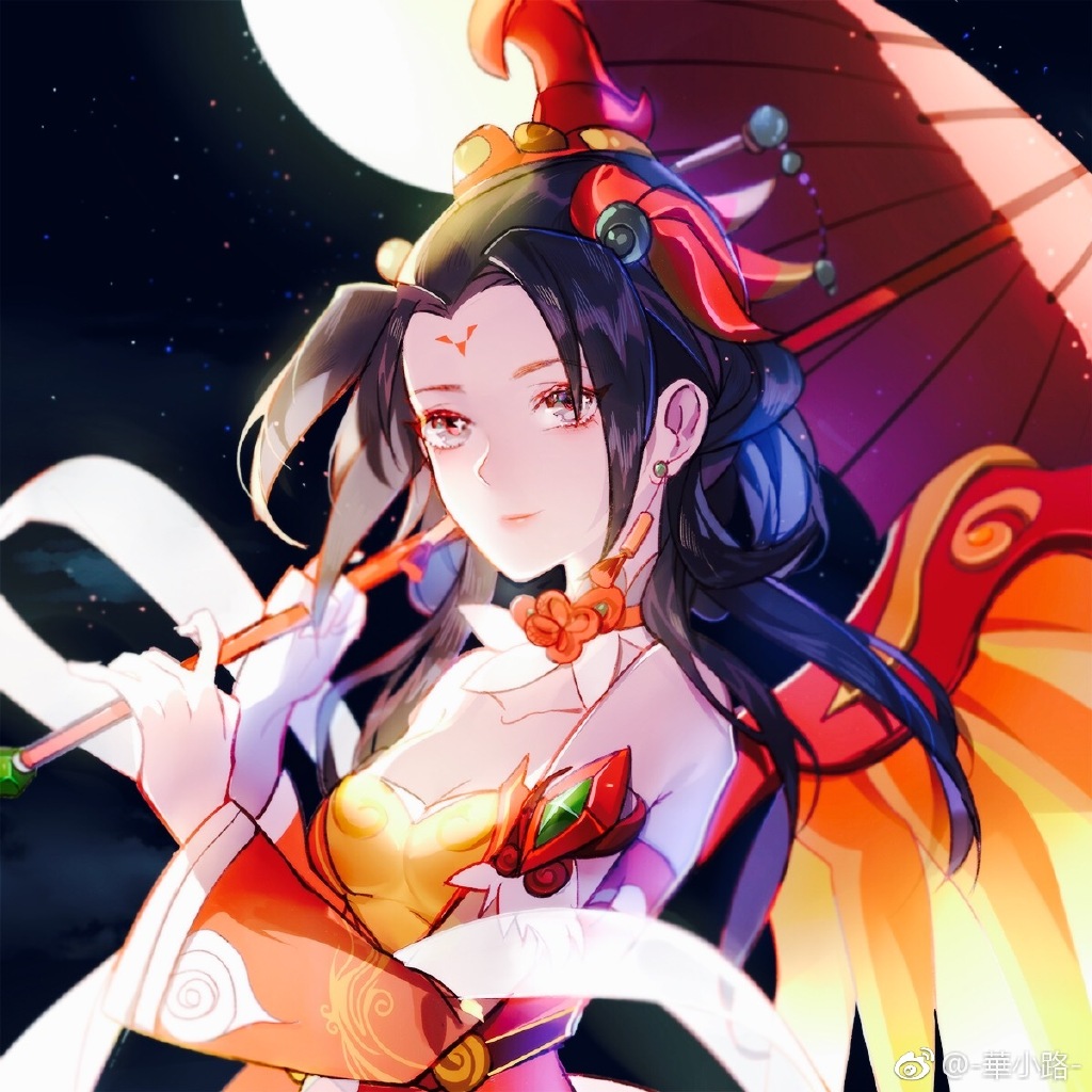 1girl alternate_costume alternate_hair_color alternate_hairstyle black_hair breasts chinese_clothes cleavage detached_sleeves facial_mark forehead_mark full_moon hagoromo hair_ornament medium_breasts mercy_(overwatch) moon oriental_umbrella overwatch road_233 shawl smile solo umbrella upper_body wide_sleeves zhuque_mercy