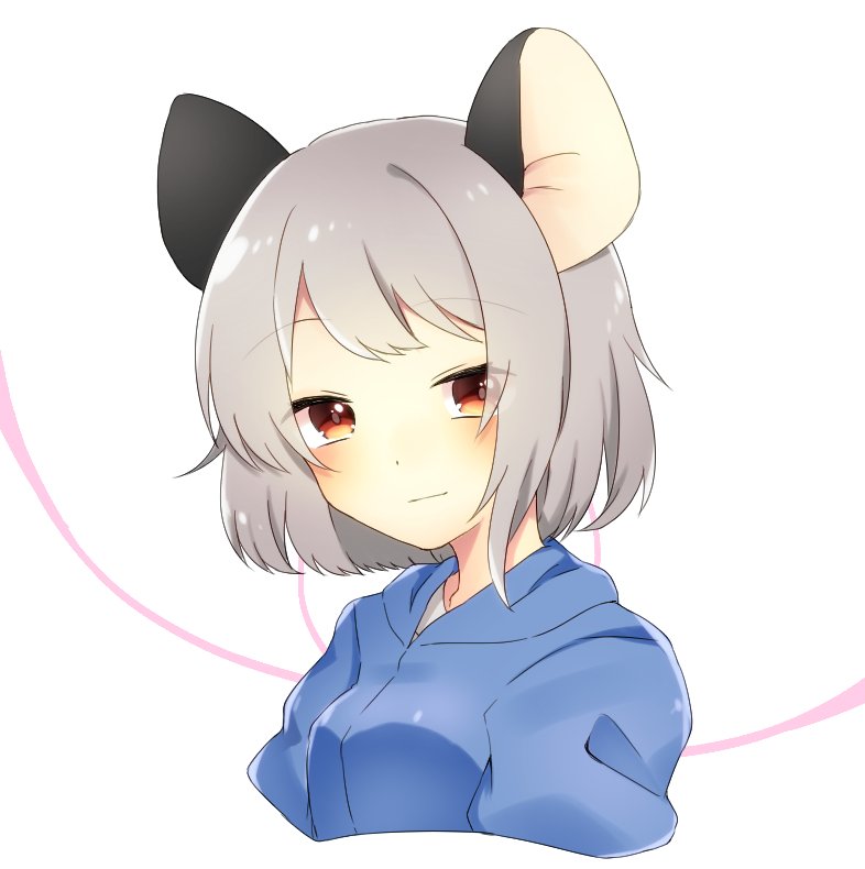 1girl abe_suke alternate_costume animal_ears bangs blush brown_eyes closed_mouth eyebrows_visible_through_hair grey_hair looking_at_viewer mouse_ears nazrin short_hair solo touhou upper_body white_background